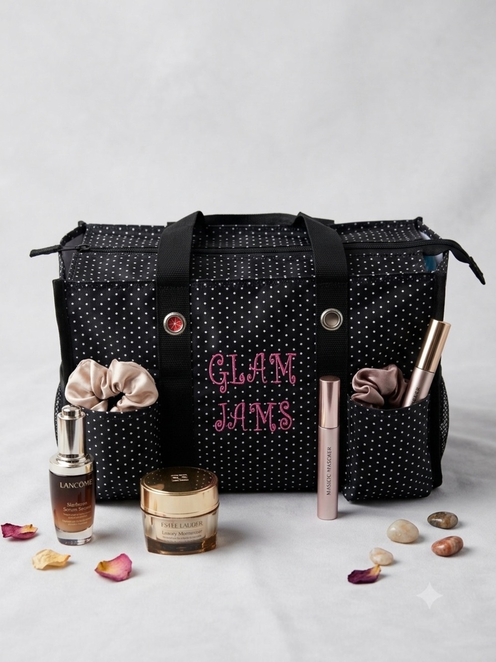 thirty-one Black Polka Dot Tote with Pink Embroidery
